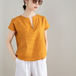 Yellow Linen Shirt, Womens Linen Top, Short Sleeve Casual Linen Blouse, Organic Linen Top, Plus Size Linen, Custom Shirt, Xaolizi 4207 image 3