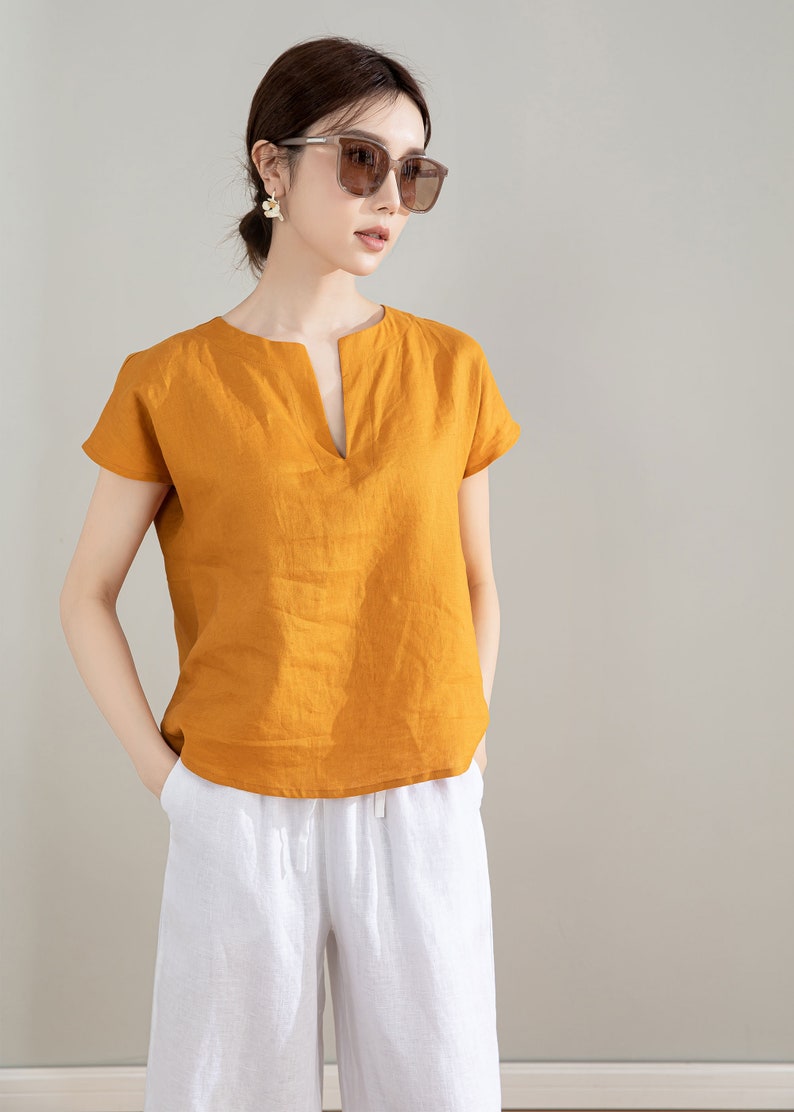 Yellow Linen Shirt, Womens Linen Top, Short Sleeve Casual Linen Blouse, Organic Linen Top, Plus Size Linen, Custom Shirt, Xaolizi 4207 image 3