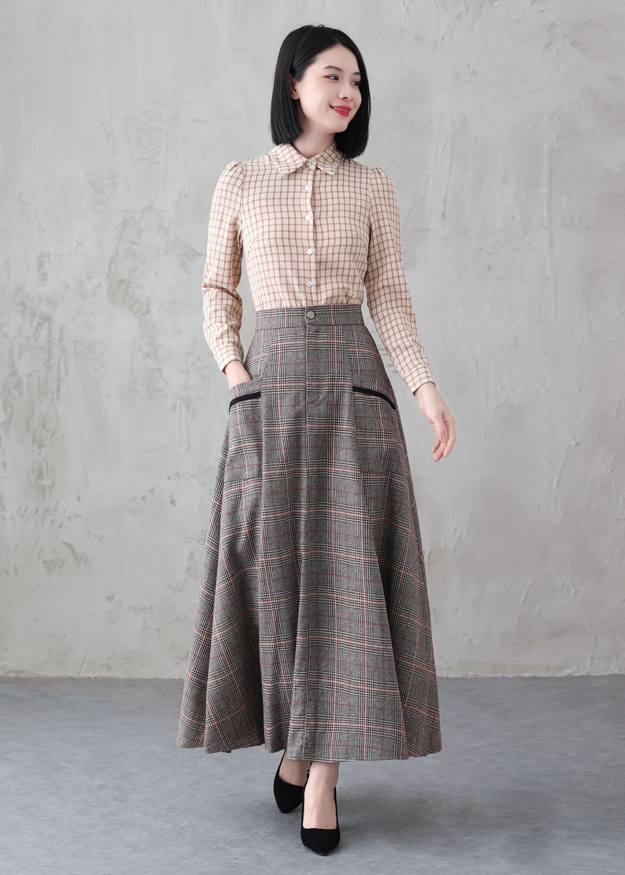 Long Wool Skirt, Maxi Plaid Skirt, High Waist Wool Skirt