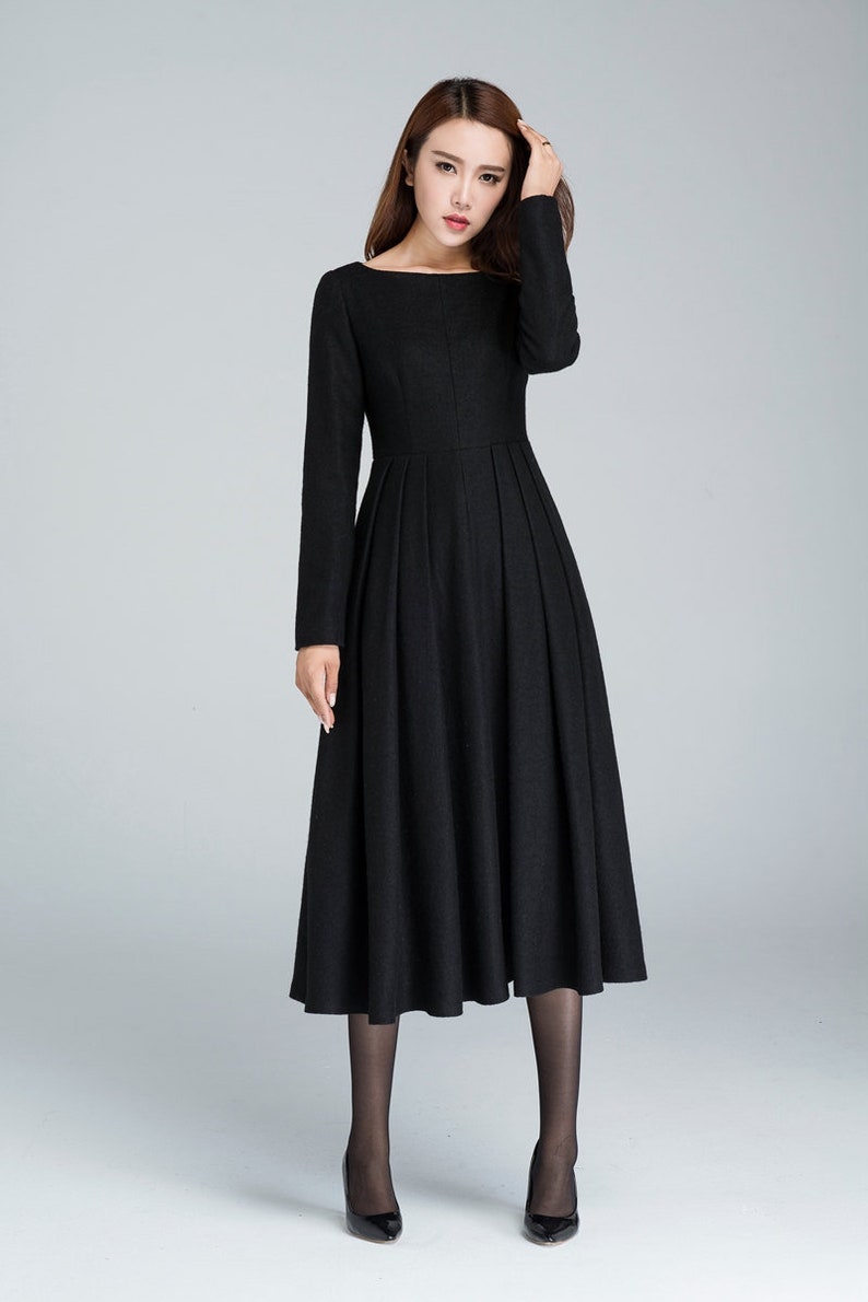 Black Winter Midi Wool Dress, Boat Neck Pleated Dress, Long Sleeve Dress with Pockets, Fitted and Flare Dress, Retro Day Dress 1622 image 3