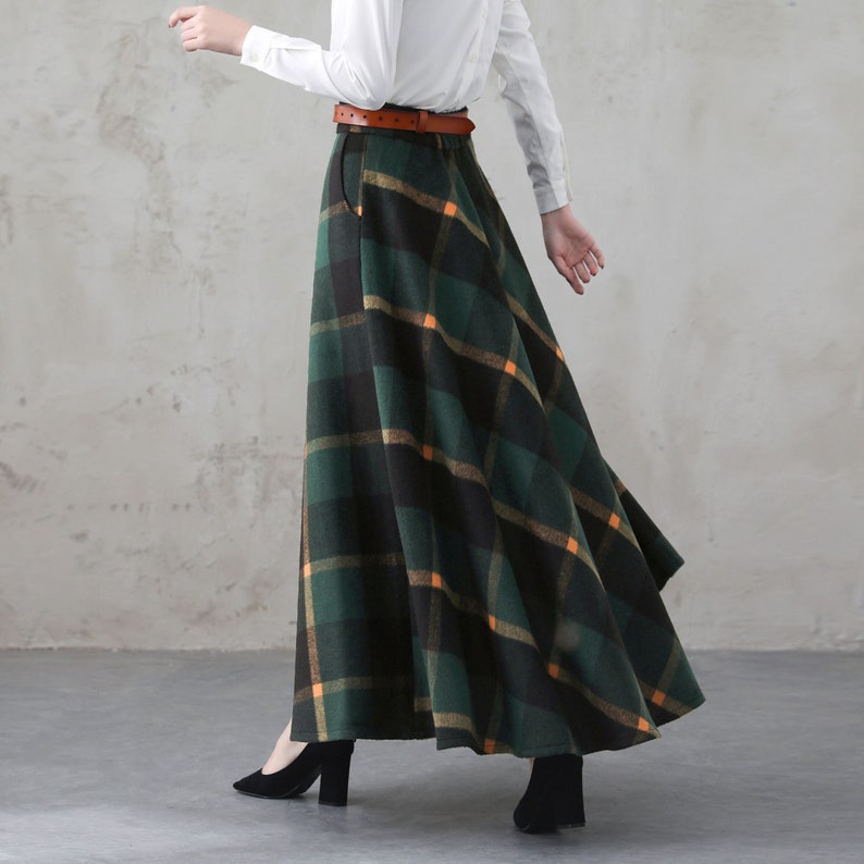Green Long Wool Plaid Skirt, Maxi Wool Skirt with Pockets, Tartan Skirt, Vintage Swing A Line Skirt, Full Fall Winter Skirt, Xiaolizi 4000 image 1