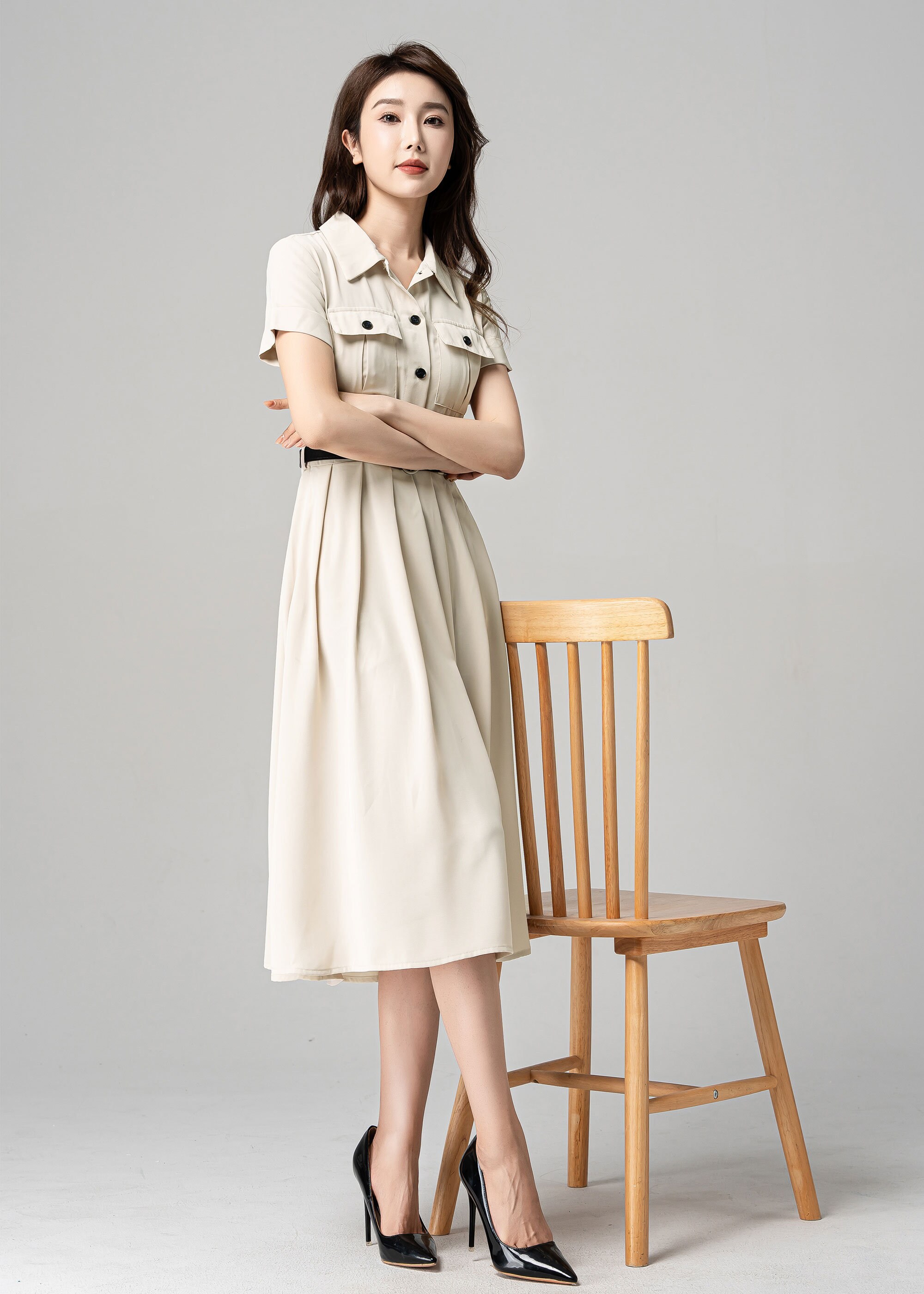 現在開催中のキャンペーン＆お得情報 Military-inspired Beige Women, for Dress Shirt Midi Dress, トップス