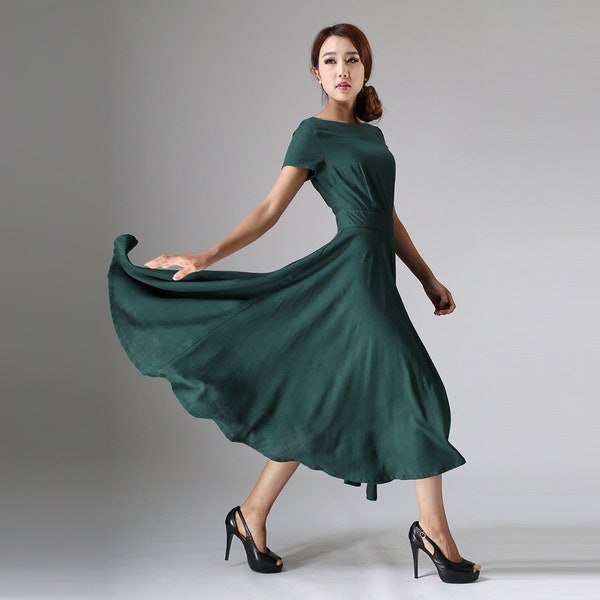 Leinen Swing Midi Kleid, U-Boot-Ausschnitt Kleid, Fit und Flare Kleid, Vintage 1950er Jahre Kurzarmkleid mit Taschen, Mutter der Braut Kleid 0971#