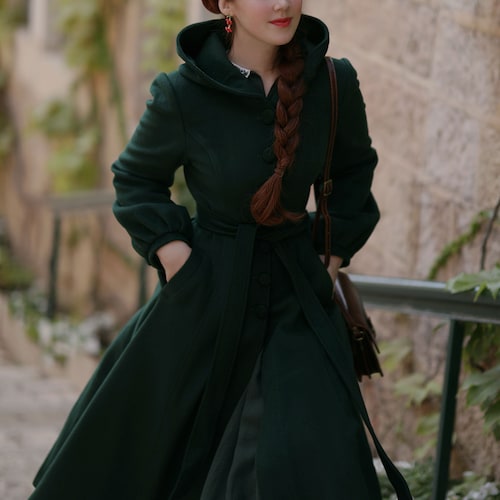 Green Hooded Wool Coat Women, Warm Wool Coat Women, Long Wool Coat