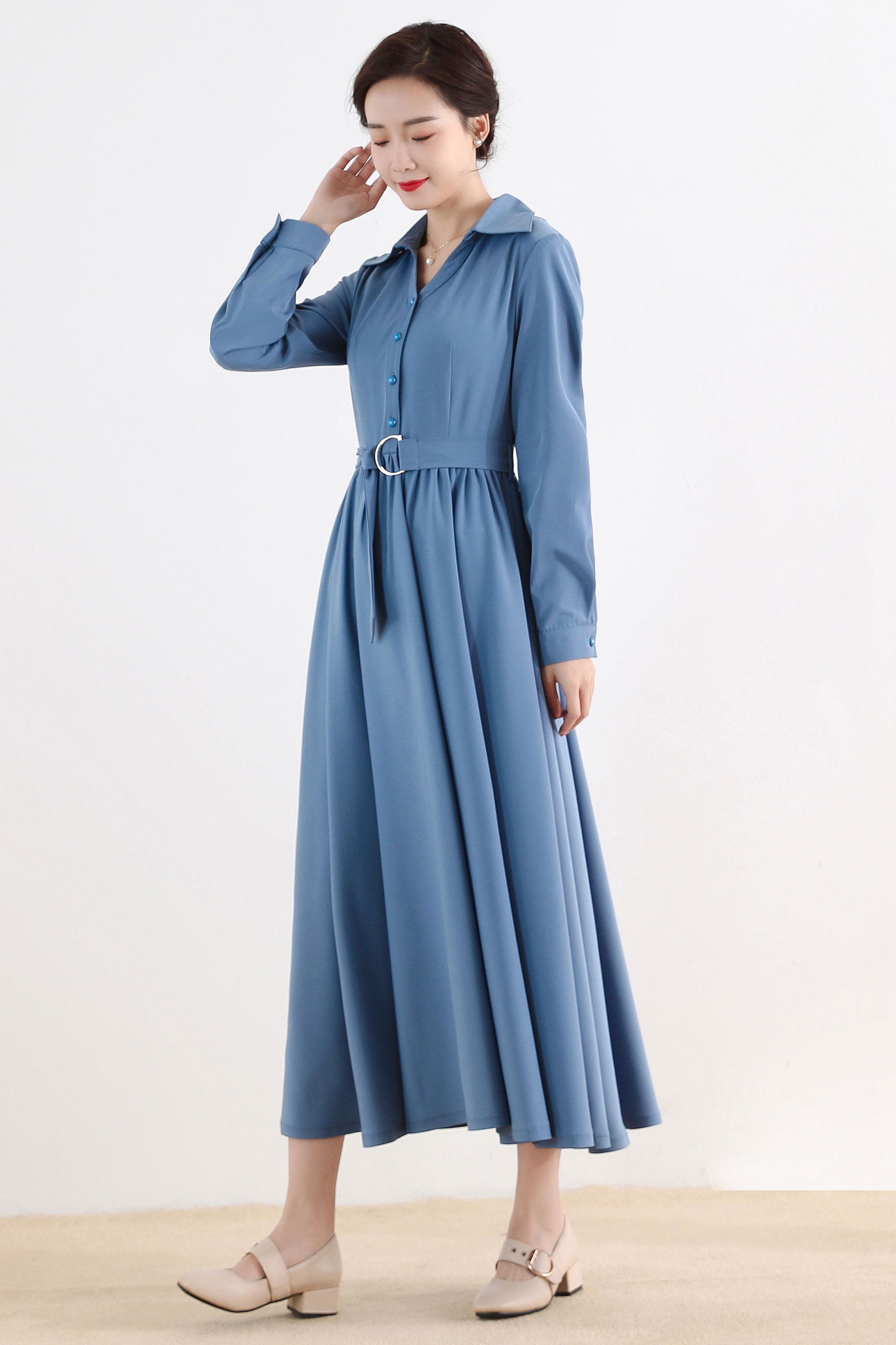 Shirtwaist Dress Long sleeve dress Blue dress Women Button Etsy
