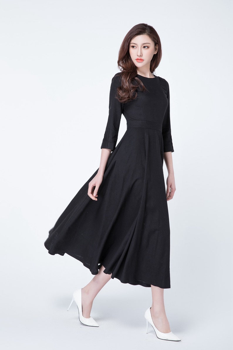 Black dress, linen dress, maxi dress, pleated dress, party dress, evening dress, round collar, 3/4 sleeves dress, ladies dresses 1728 image 3