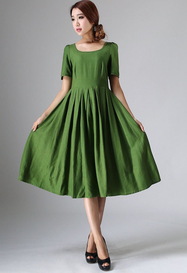 Womens Puff Sleeve Linen Dress, Floral dress women, Prairie Dress, Laura ashley Midi dress, Bridesmaid Dresses, Pleated Summer dress 0139 4 - Green -0973#