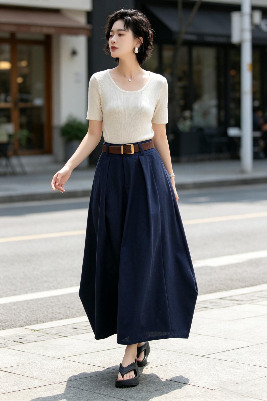 L'Appartement 美品　Navy Maxi Skirt 36 Navy Linen Cotton Maxi Skirt: Asymmetrical Long Skirt With Pockets