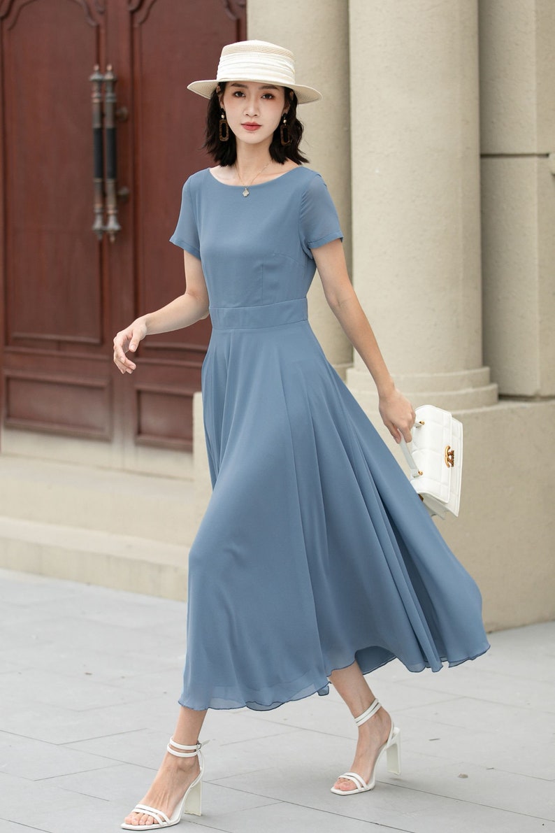 Summer office dress, Blue Chiffon Dress, Midi chiffon dress, Womens Swing Chiffon dress, fit and flare dress, Custom dress, XiaoLizi 5192 image 1