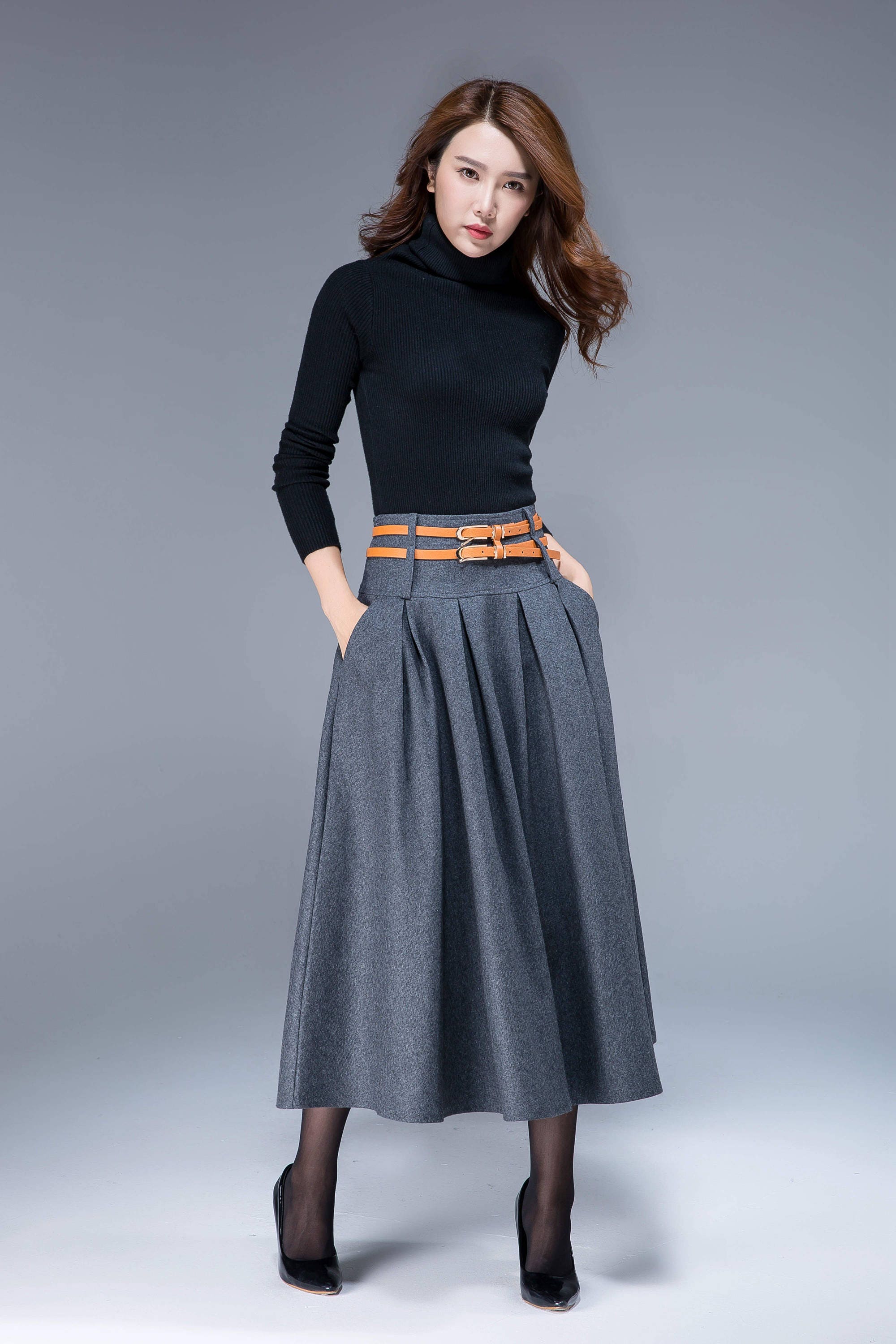 Dark gray skirt midi skirt wool skirt wide waist band | Etsy