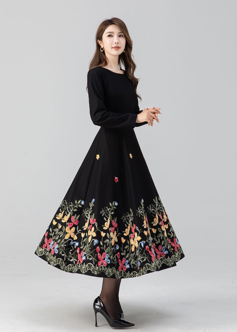 Midi wool dress, Black embroidered dress, Long sleeve wool dress, Fit and flare dress, Swing winter dress, Custom dress, Xiaolizi 4663 image 9