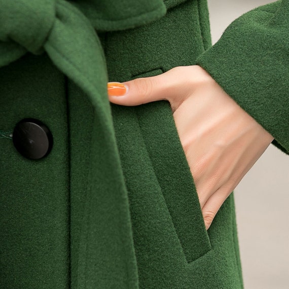 British Style Long Wool Coat in Green, Warm Coat Women, Vintage Winter Coat,  Fit and Flare Solid Coat, Maxi Soft Wool Coat With Belt 2842 