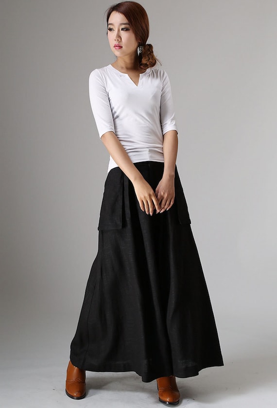 Black linen maxi skirt with Big Pocket Detail 0979# Black linen maxi skirt with Big Pocket Detail 0979#