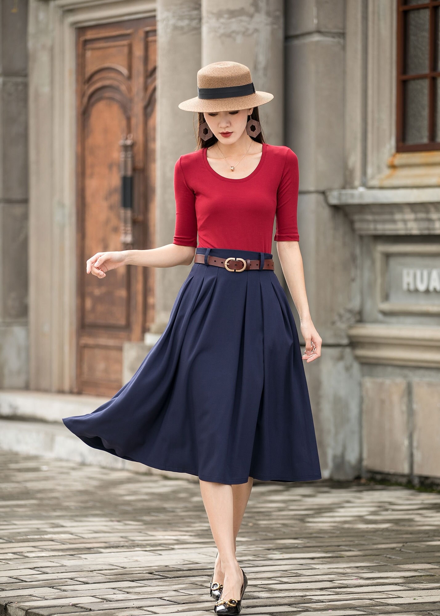 Office Wear, A Line Pleated Midi Skirt for Women, Navy Blue Office Wear, A Line Pleated Midi Skirt for Women, Navy Blue