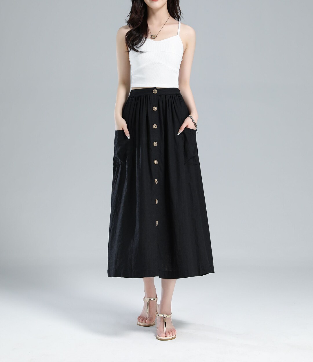 Elastic Waist Button Front Linen Midi Skirt, Pleated Swing Maxi Skirt ...