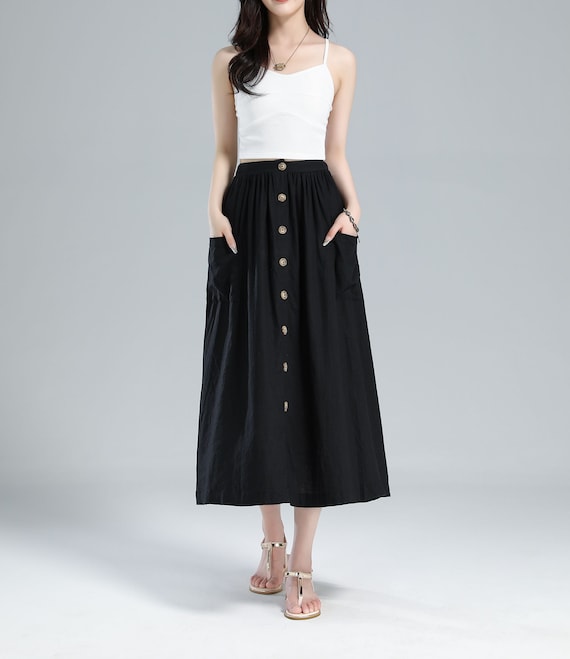 Elastic Waist Button Front Linen midi Skirt 3614 Elastic Waist Button Front Linen midi Skirt 3614