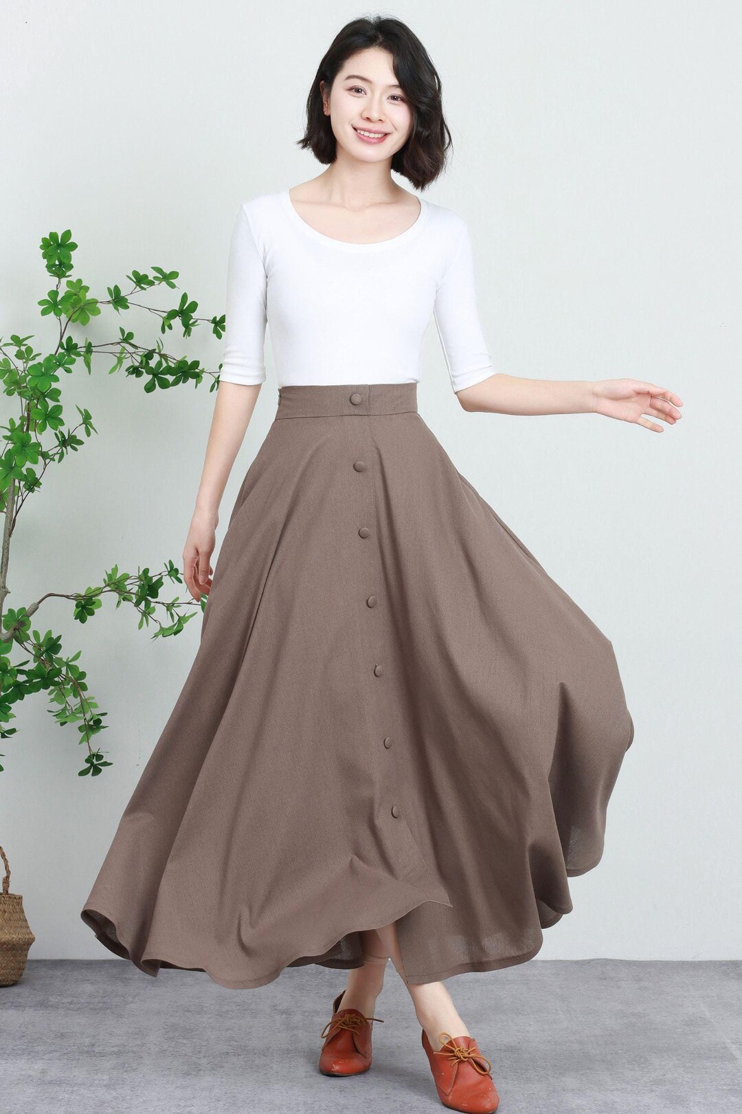 Linen Maxi Skirt, Khaki Skirt Women, Swing Spring Skirt