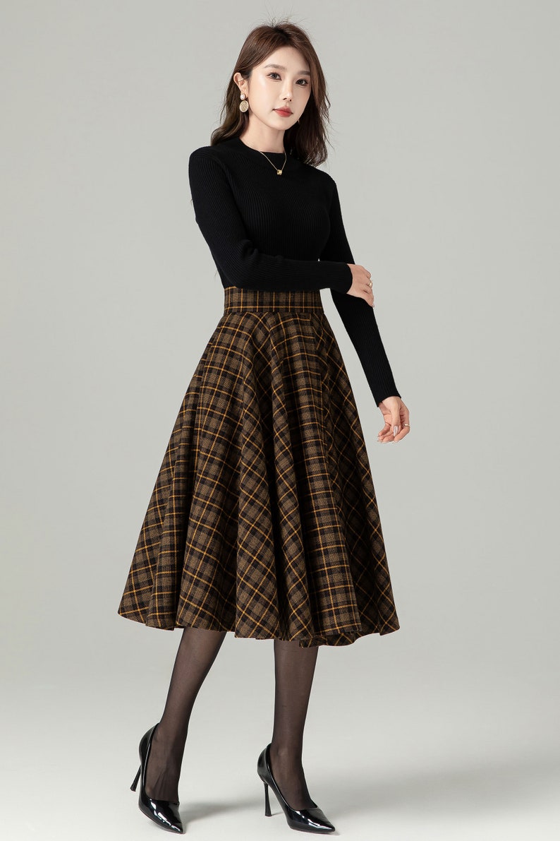 Midi-Woll-Karorock, Swing-Wollrock, Woll-Kreisrock, Winter-Herbst-Rock für Damen, hoch taillierter Wollrock, Retro-Tartan-Wollrock 4498 Bild 9