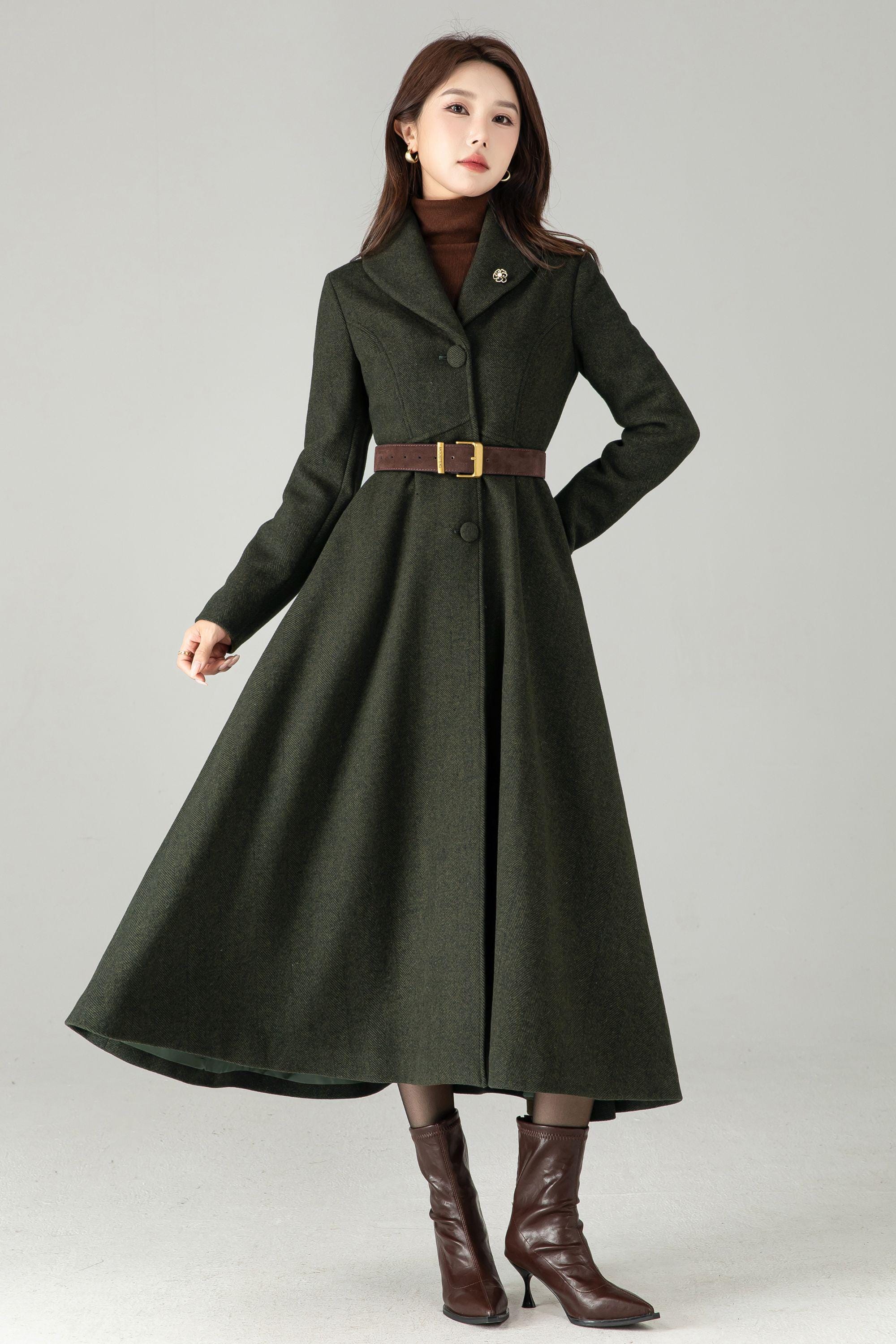 Army Green Wool Blend Maxi Coat – Herringbone A-line Winter Coat
