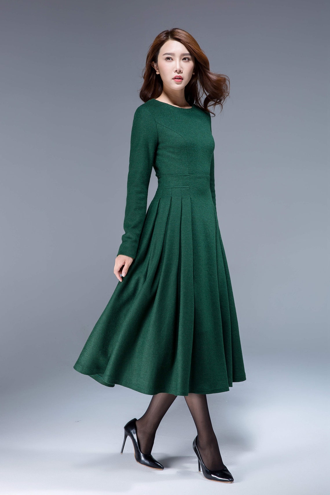 Green dress wool dress midi dress pleated dress fit and | Etsy