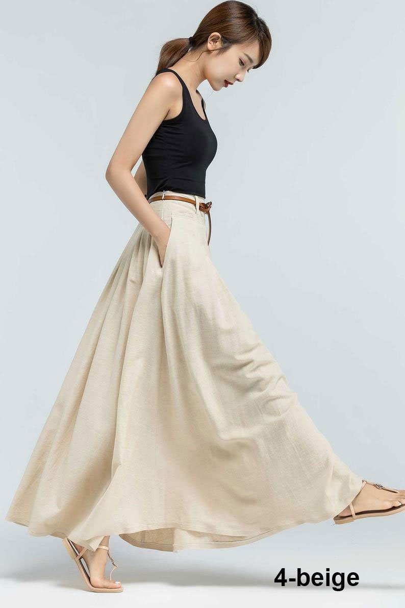 Swing Long Linen Maxi skirt for women, Navy blue walking skirt, High waist swing pleated skirt with pocket, women skirt, full skirt 1046 4-Beige-2375