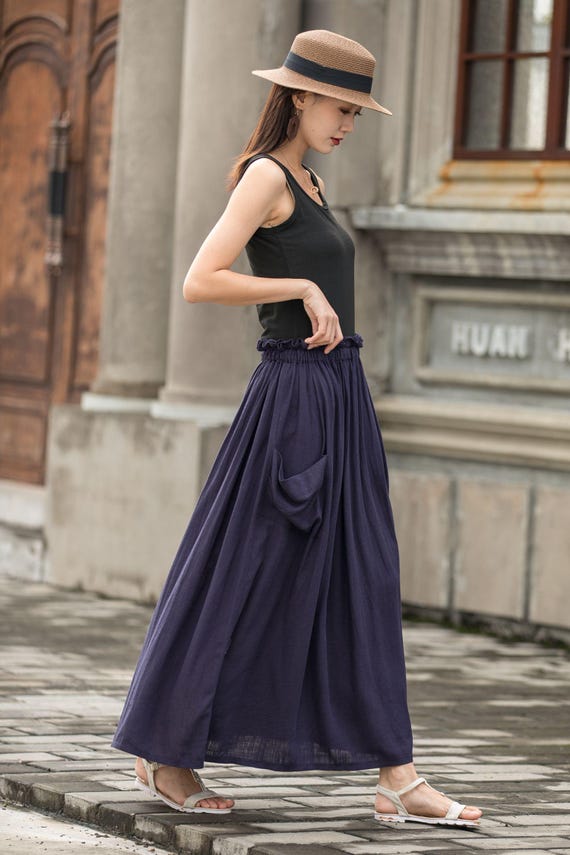 Gonna Lunga In Lino E Cotone - Maxigonna Vintage Con Tasche, Vita Elasticizzata, Lunghezza 90 Cm - Foto 8