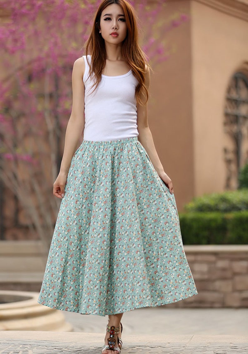 Summer Print Linen skirt Casual Elastic waist Long Maxi Etsy