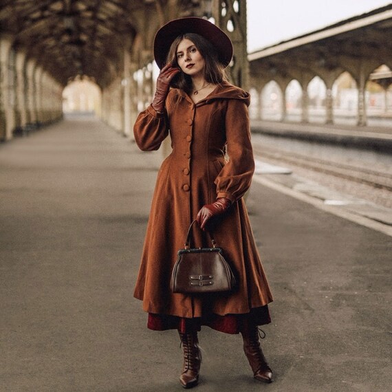 Dark Brown Hooded Wool Coat Women Warm 