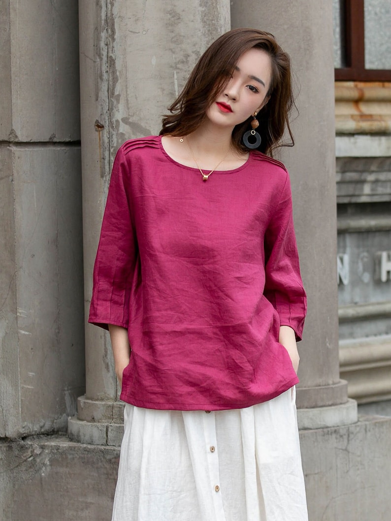 loose fit Linen blouse, white linen top, Plus size Linen shirt, summer top for women , Oversized top, womens linen top 77711 Rose-4290