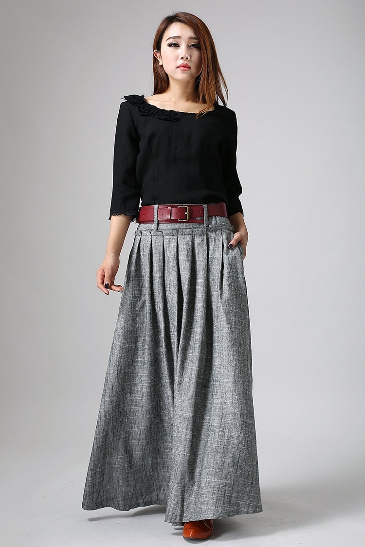 Grey Maxi Skirt Long Linen Skirt Pleat Skirt-Woman | Etsy