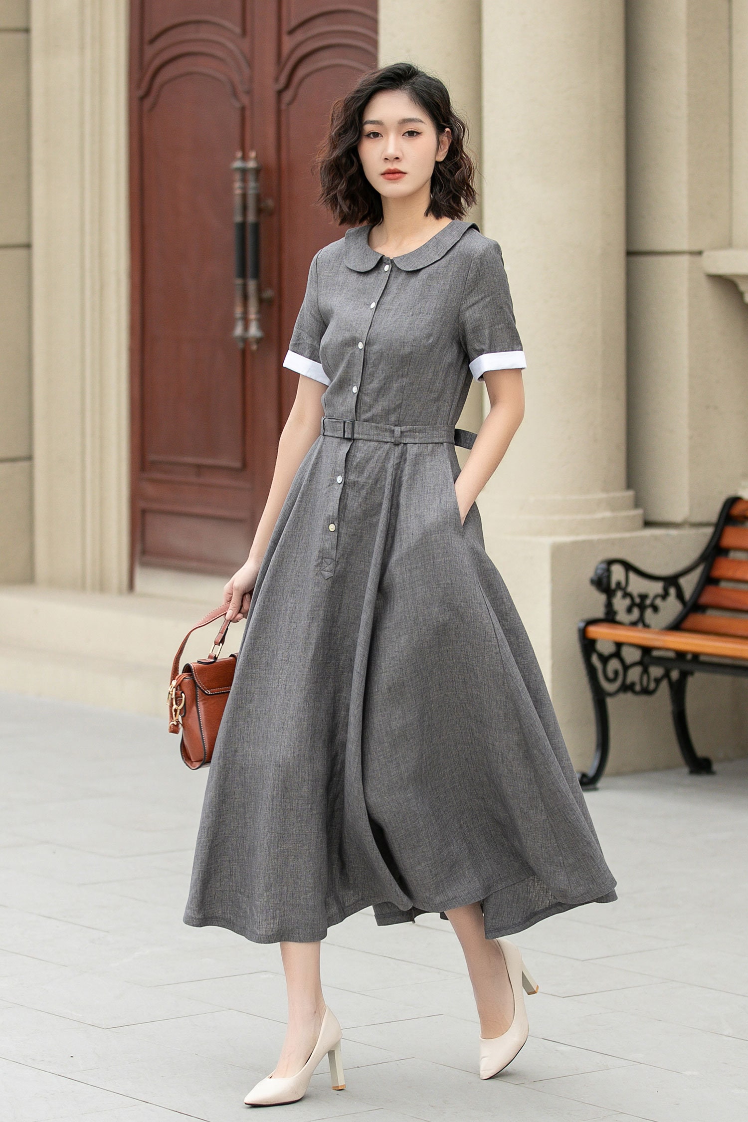 detached sleeve dress グレー　S Square Neck Linen Swing Dress, Gray Pleated Linen Midi Dress
