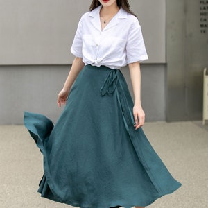 Green Swing Linen Skirt, Wrap linen skirt, Linen Midi Skirt, Linen Skirt with Pockets, A Line Skirt, Spring Custom Skirt, Xiaolizi 4269 image 7