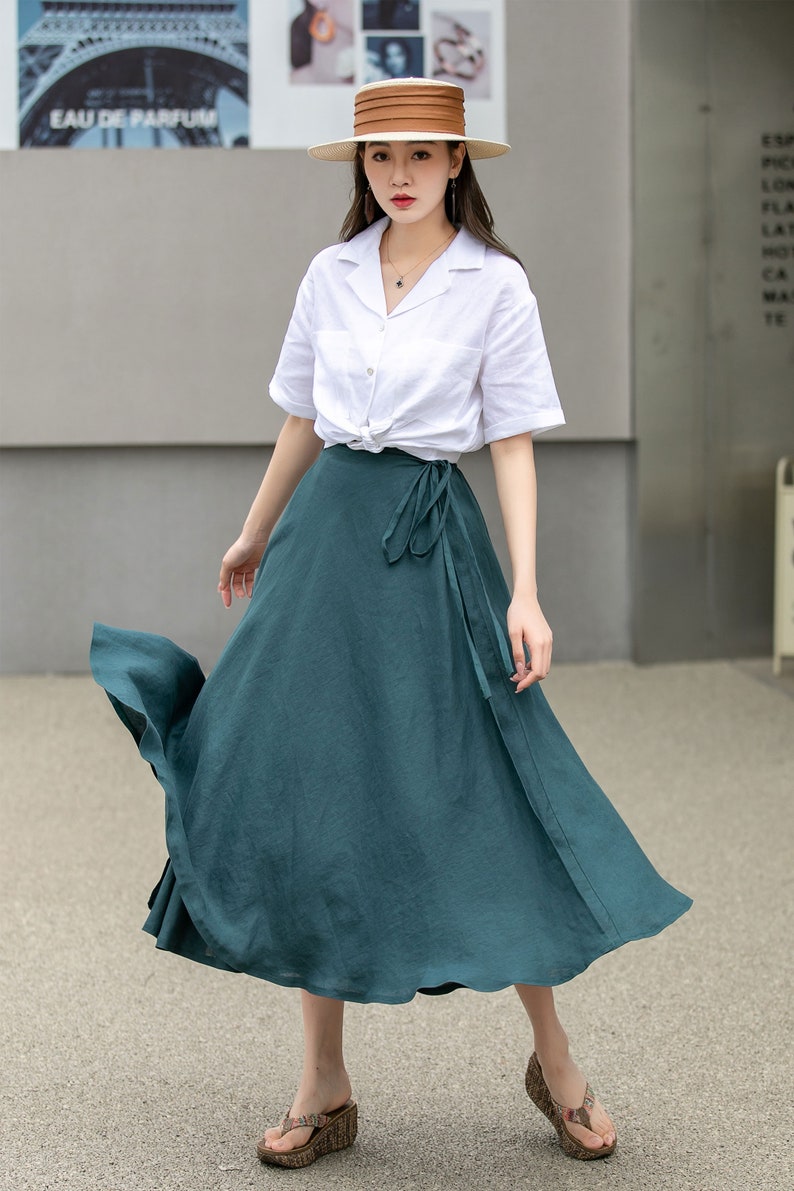 Green Swing Linen Skirt, Wrap linen skirt, Linen Midi Skirt, Linen Skirt with Pockets, A Line Skirt, Spring Custom Skirt, Xiaolizi 4269 image 7