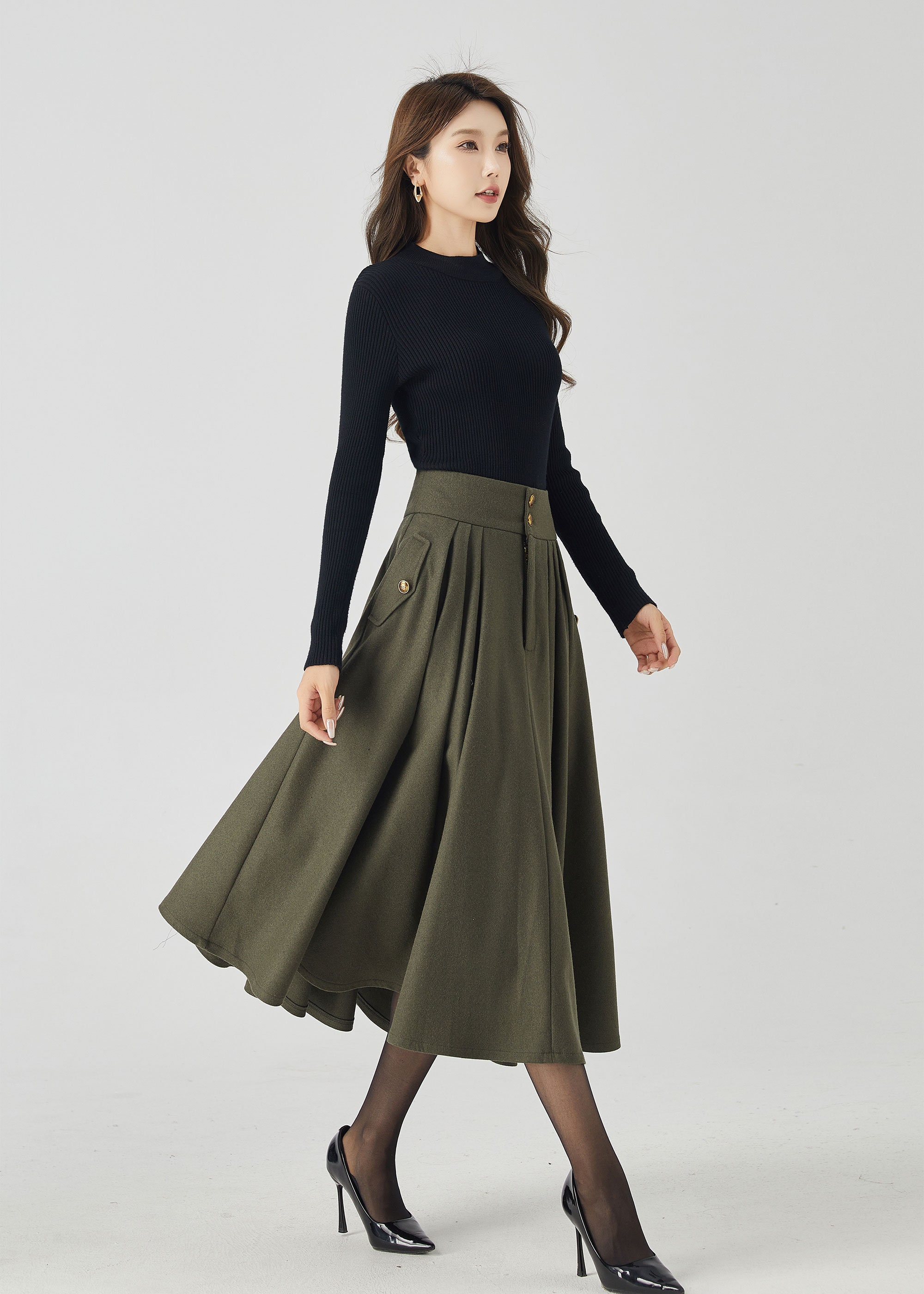 Army green swing winter wool skirt 4530 Army green swing winter wool skirt 4530