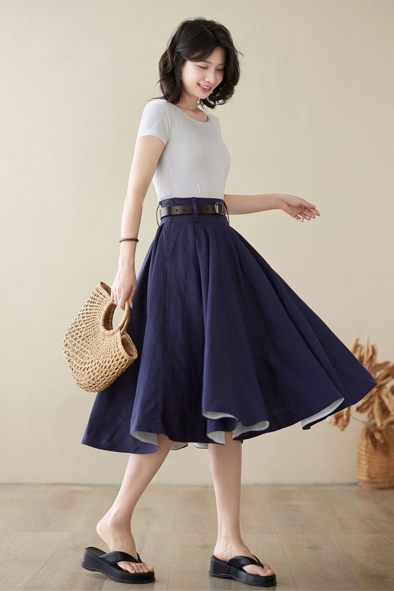 Swing midi circle linen summer skirt 4972