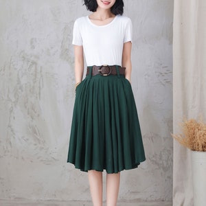 Dark Green Pleated Linen Skirt Knee Length Circle Skirt A - Etsy