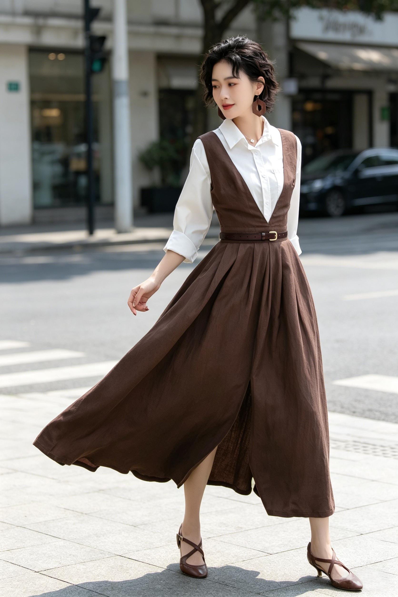 Brown Linen Cotton Pinafore Dress for Women – Sleeveless Long