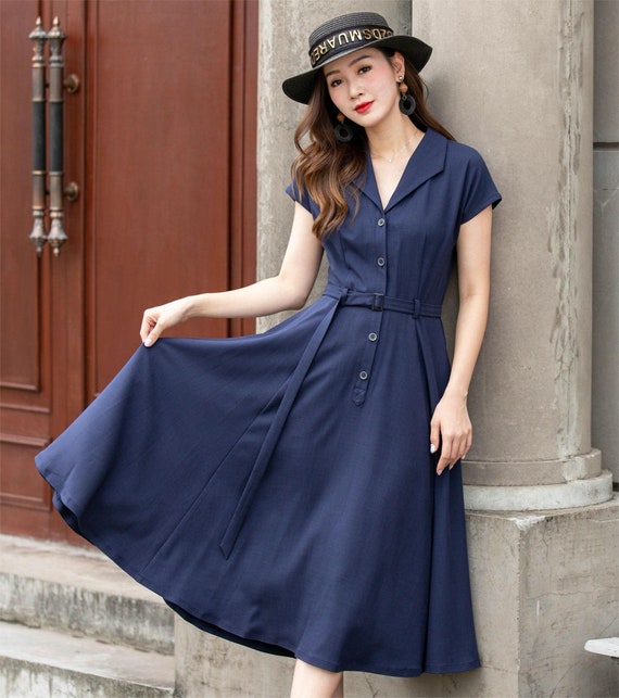 Blue Linen Dress, Swing Shirt Dress, 1950s Midi Dress Women Blue Linen Dress, Swing Shirt Dress, 1950s Midi Dress Women
