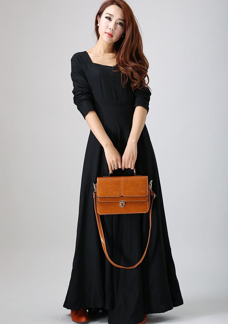 Long sleeve Linen Maxi dress with pocket Black dress Women | Etsy