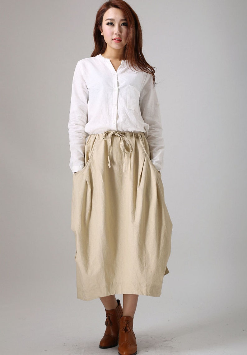 Midi skirt pockets drawstring skirt casual skirt linen | Etsy