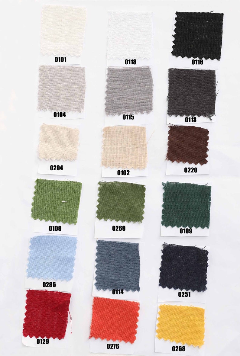 May include: A swatch card with 18 fabric samples in various colors and textures. The swatches are labeled with numbers, including 0101, 0118, 0116, 0104, 0115, 0113, 0204, 0220, 0102, 0108, 0269, 0109, 0286, 0114, 0251, 0129, 0276, and 0268.
