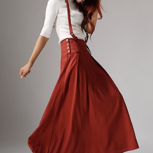 Linen Suspender Skirt Women, High Waisted Maxi Skirt with Pockets, Red Skirt, Custom Made Skirt, Casual Linen Skirt, Summer Fall Skirt 1035 image 3