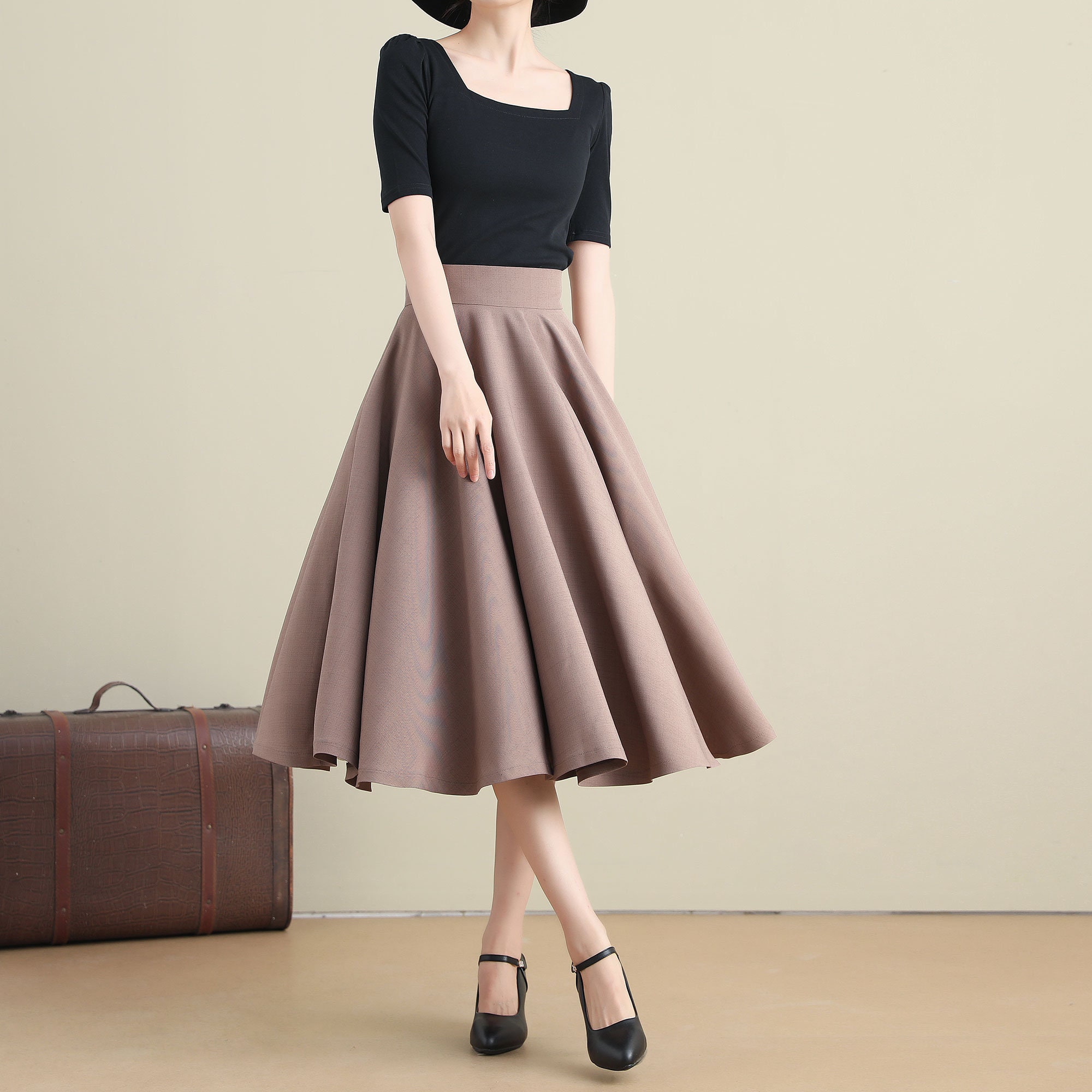 店内商品がすべてレジにて半額！！ Khaki Swing Midi Circle Skirt, Vintage Inspried Full High スカート