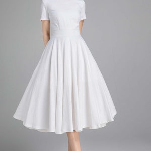 Vintage 1950s Short Sleeve Green Linen Midi Dress, Fit and Flare Dress, Summer Swing Linen Dress with Pockets, Women Modest Linen Dress 3482 white