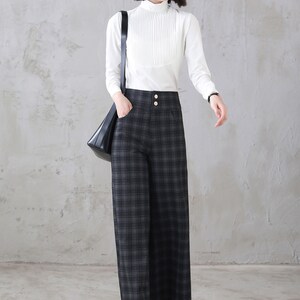 Long Plaid Wide Leg Wool Pants, Vintage Inspired Women's Pants, High Waist Pants with Pockets, Baggy Pants, Plus Size Pants Xiaolizi 3124 image 5