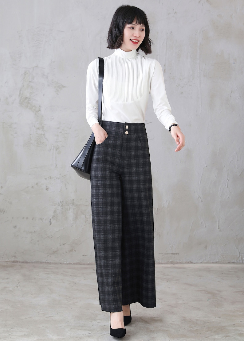 Long Plaid Wide Leg Wool Pants, Vintage Inspired Women's Pants, High Waist Pants with Pockets, Baggy Pants, Plus Size Pants Xiaolizi 3124 image 5