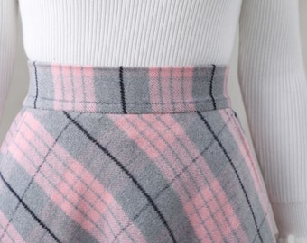 Pink Long Wool Plaid Skirt, Long Wool Skirt With Pockets