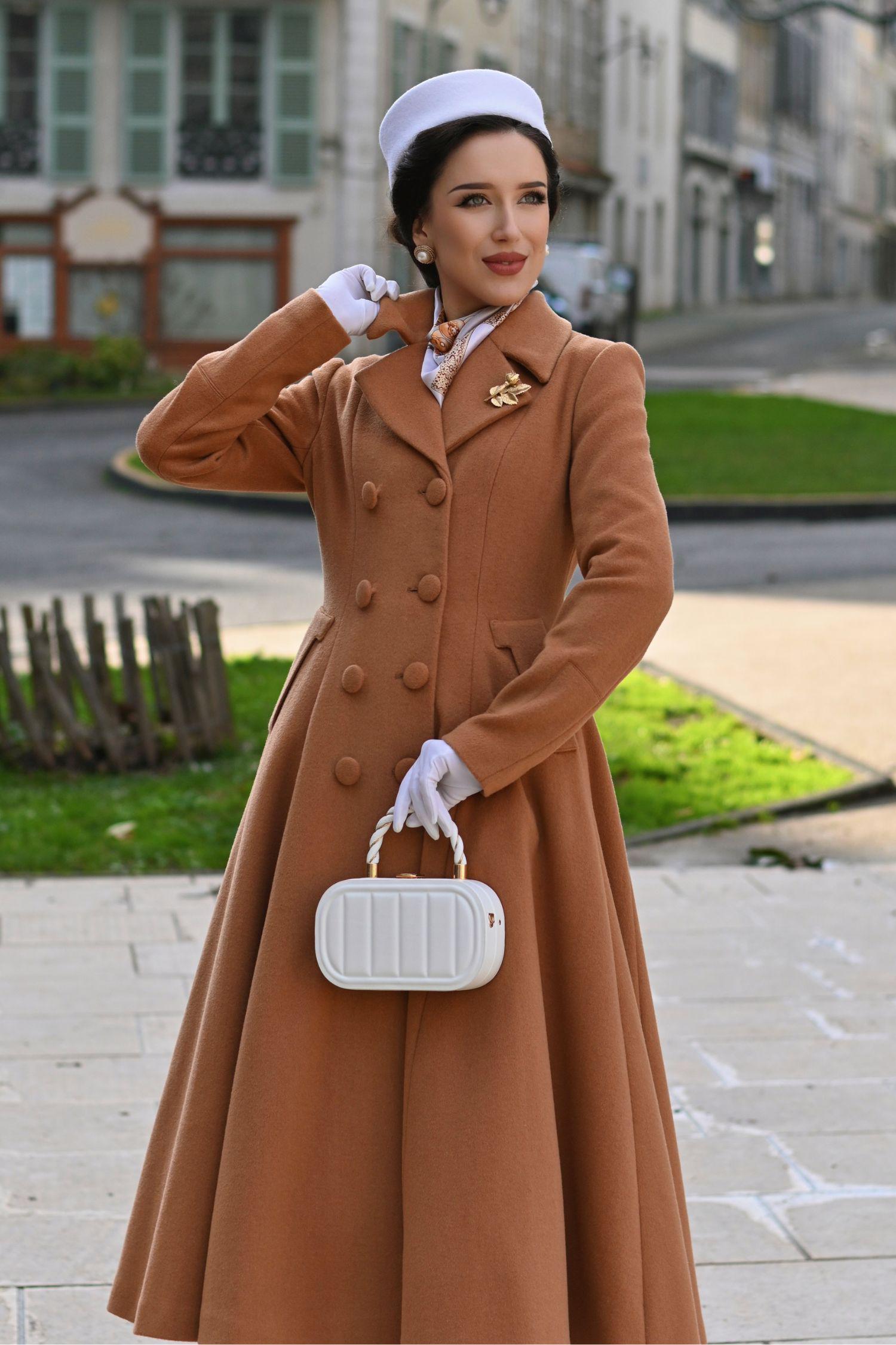 Brown Wool Blend Coat for Women – Double Breasted Fit and Flare