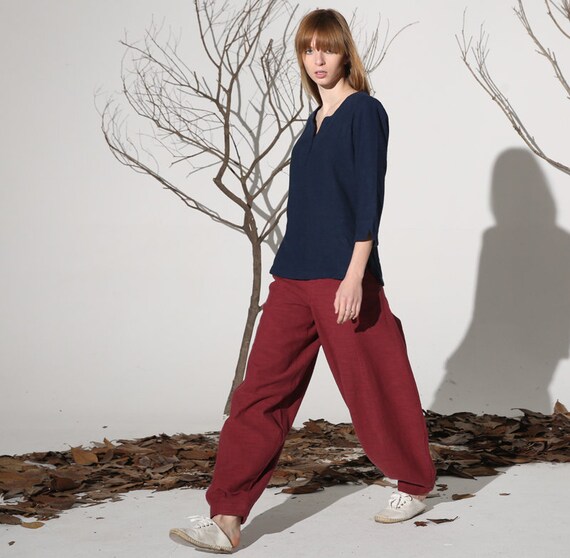 Pantalon en lin rouge femme Pantalon en lin Pantalon femme avec poches Pantalon decontracte large jambe en lin Pantalon long en lin Pantalon personnalise Xiaolizi 1160 Etsy France