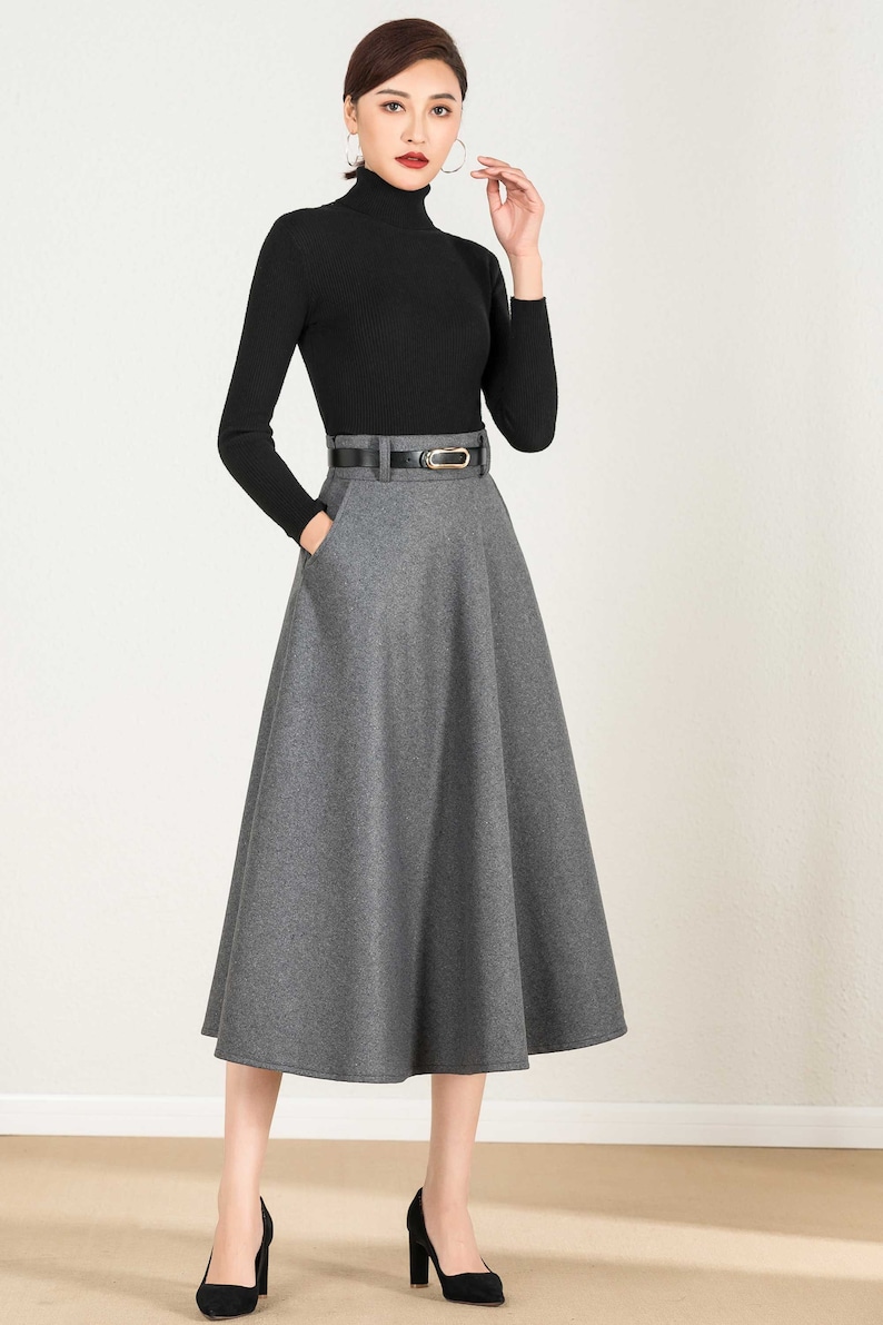 Wool skirt, Gray wool skirt, winter skirt women, Long skirt, A Line skirt, high waisted skirt, Wool skirt women, Xiaolizi 2428 image 6
